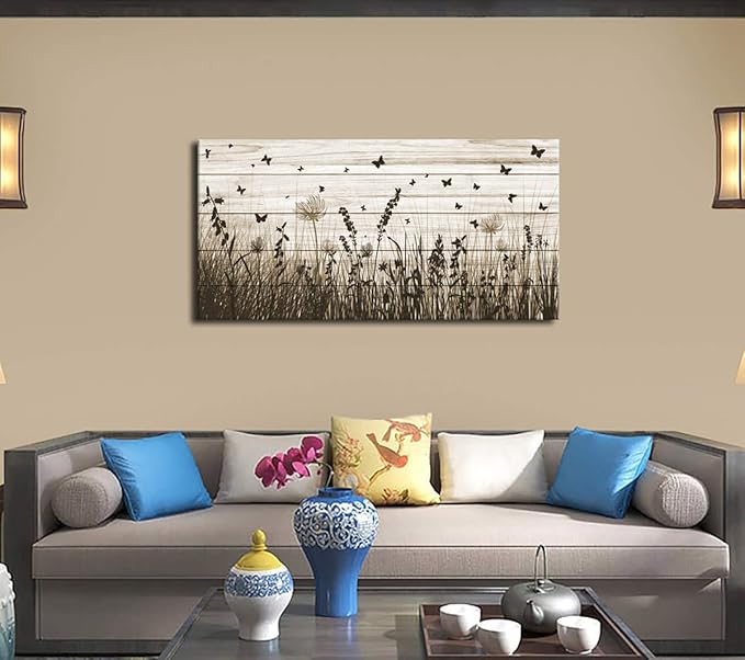 Wildflower Wall Art Autumn Canvas Picture Butterfly Grass Dandelion Artwork Vintage Wooden Board Painting Prints for Bedroom Living Room Office Home Kitchen Wall Decor Framed Ready to Hang 29" x 58"