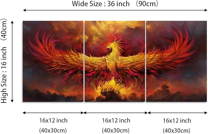 Fire Phoenix Wall Art Prints Volcanic Burning Phoenix Birds Canvas Picture Posters Prints Artwork 3 Piece Home Office Living Room Bedroom Decor Framed Ready to Hang - 36" W x 16" H