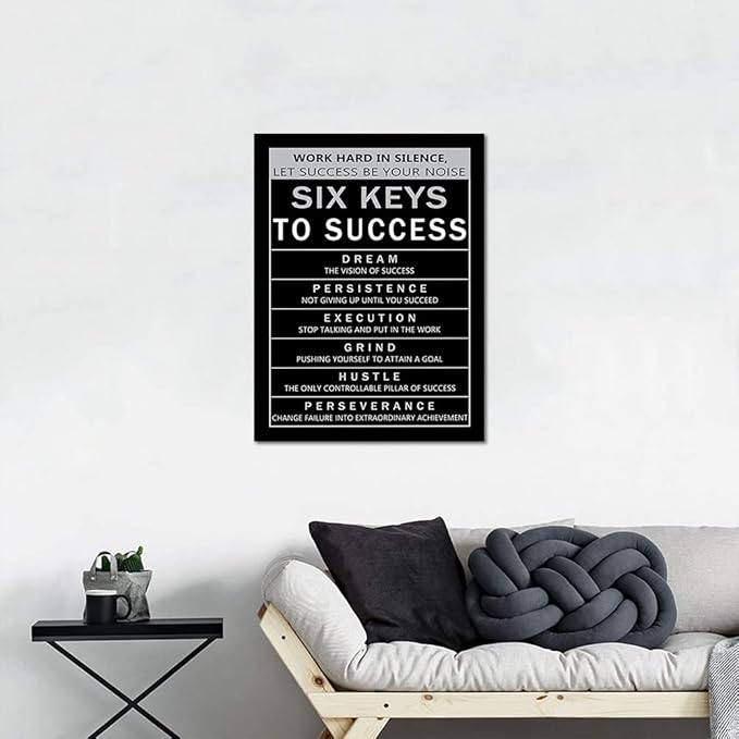 Six Keys to Success Motivational Framed Office Art Execution Grind Hustle Verbs Artwork Inspirational Gift for Men Easy to Hang-18 inch x 24 inch