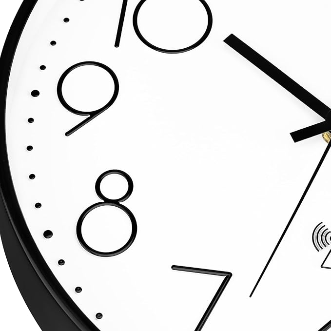 Foxtop Atomic Wall Clock Battery Operated Round Analog Modern Black Wall Clock Sets Automatically for Office Classroom Bedroom Kitchen Living Room