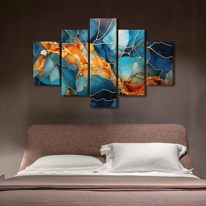 Canvas Wall Art Decor Abstract Canvas Wall Art Modern 5 Panel Colorful Glass Window Poster Golden Lines Painting Art Prints for Living Room Decoration Stretched and Framed Ready to Hang 60x40 in