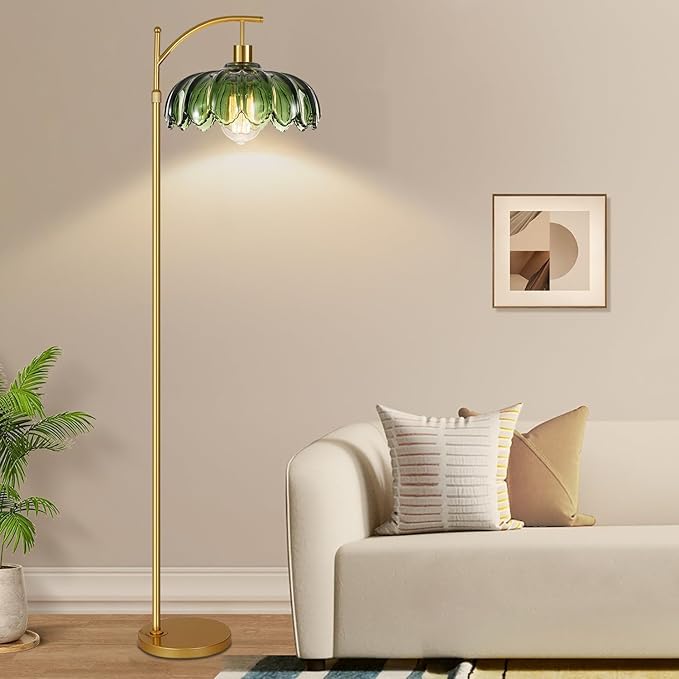 Glass Floor Lamp for Living Room,Bedroom,Mid Century Modern Standing Lamp with Remote,Dimmable Gold Tall Lamp Green Vintage Retro Arc Flower Floor Light Boho Bohemian