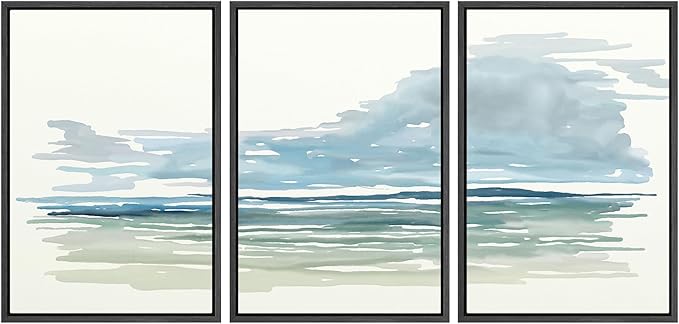 SIGNWIN Framed Canvas Print Wall Art Set Coastal Horizon Watercolor Blue and Green Abstract Ocean Scene Illustrations Modern Art Decorative Abstract for Living Room, Bedroom, Office - 24"x36"x3 Black