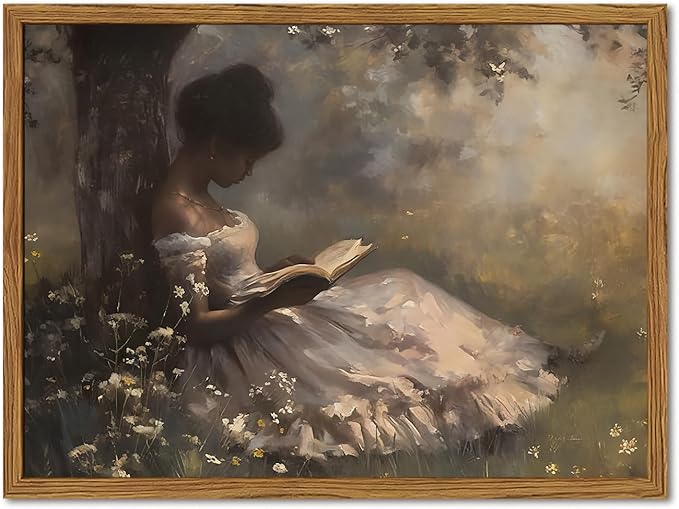 Framed Vintage Wall Art, Moody Black Girl Reading Book Pictures Wall Decor, Victorian Woman African American Paintings Canvas Prints Aesthetic Artwork for Home Living Room Bedroom 12x16 inch