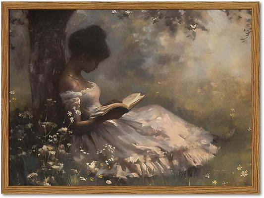 Framed Vintage Wall Art, Moody Black Girl Reading Book Pictures Wall Decor, Victorian Woman African American Paintings Canvas Prints Aesthetic Artwork for Home Living Room Bedroom 12x16 inch