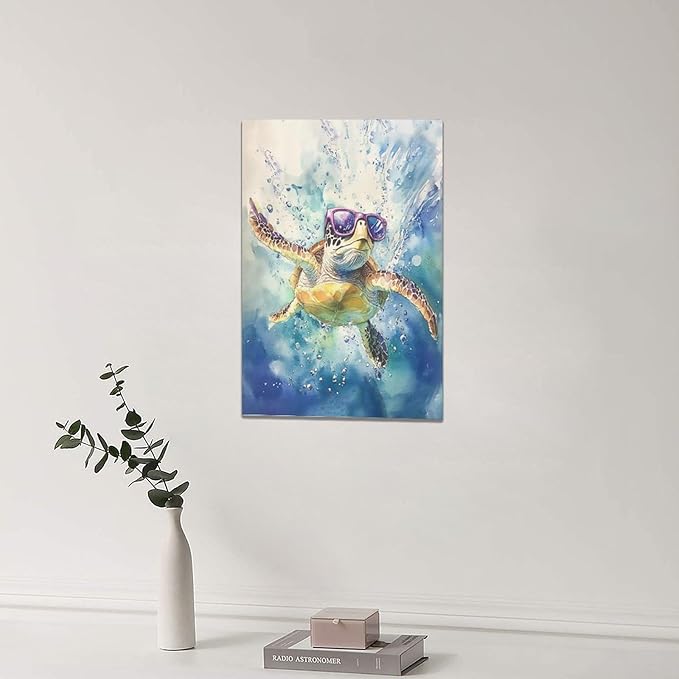 Sea Turtle Bathroom Decor Funny Turtle Ocean Bathroom Wall Art Sea Turtle Nautical Pictures Prints Turtles Gift Painting Sea Turtles Framed Artwork for Bedroom Living Room 16"x24"