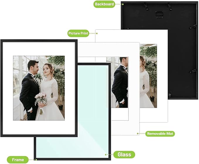 Golden State Art, Picture Frame Set 7 Pack, Gallery Wall Frame with One 11x14, Two 8x10, and Four 5x7. Aluminum Photos Frame for Wall or Tabletop Display (Style 1, Black, 7 Pack)