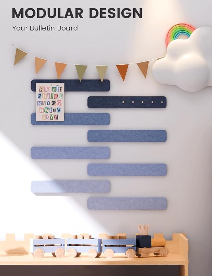Fluxynara Cork Board Alternative Felt Strip Board 8-Pack 13"x2", Office Pin Board with 50 Push Pins, Adhesive Install for Bedroom Door & Home Office(Denim Mist)