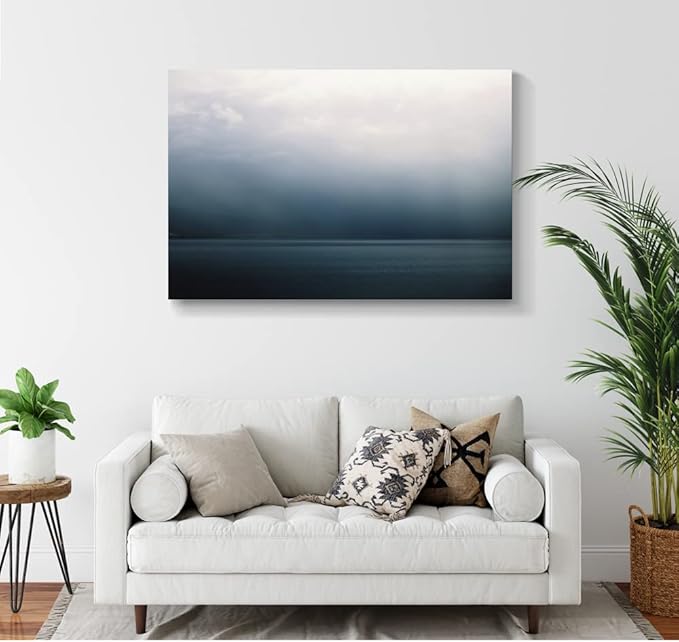 Large Canvas Wall Art Modern Abstract Art Paintings Green Mountains Blue Sea Under the Grey Sky Scenery Framed Artwork Pictures for Living Room Bedroom Hallway Wall Decor 48x32in