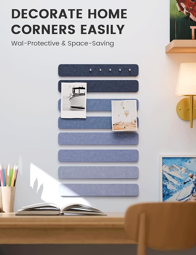 Fluxynara Cork Board Alternative Felt Strip Board 8-Pack 13"x2", Office Pin Board with 50 Push Pins, Adhesive Install for Bedroom Door & Home Office(Denim Mist)