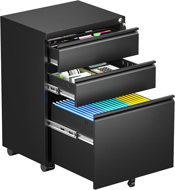 Incbruce 3 Mobile Drawer File Cabinet with Wheels, Metal File Storage Cabinet with Lock, Filing Cabinet Under Desk for Home Office, Easy Assemble (Black)