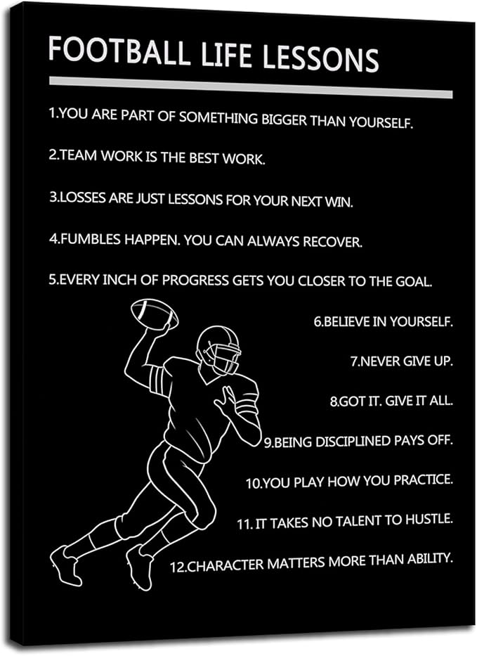 Motivational Baseball Player Poster “Football Life Lessons” Poster for Boys Bedroom Inspirational Sports Quotes Canvas Print for Home Gym Locker Room Office Decor Framed Ready to Hang [24" W X 36" H]