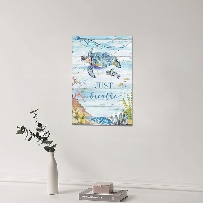 Ocean Sea Turtle Wall Art Nautical Just Breathe Pictures Wall Decor Beach Seaweed Canvas Coastal Painting Modern Artwork Home Decoration for Bathroom Living Room Bedroom Office Framed 16"x24"