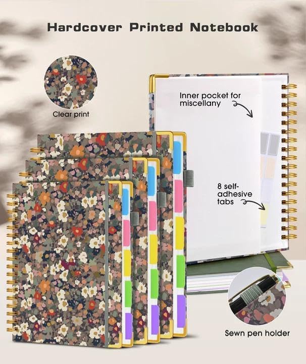 Hardcover Spiral Notebook Journal with Removable Dividers Tabs, 300 Pages 5 Subject Notebook College Ruled, 8"x10" Large B5 Notebooks for Work School Note taking, Journal for Women, Flower