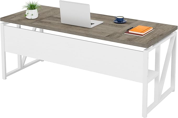 Tribesigns 63 inches Computer Desk with Bottom Storage Shelf Home Office Desk Writing Table for Workstation,Dark Walnut + Steel Leg， Cabinet not Included (Dark Oak, 63-inch-with Shelf)