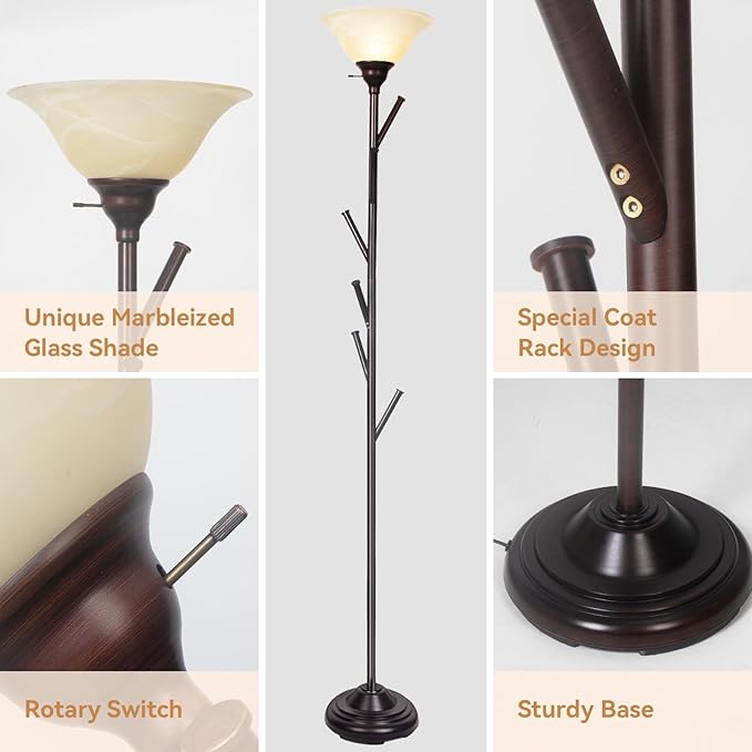 Standing Tall Lamp with Standing Coat Rack Tree, Torchiere Floor Lamps with 6 Hooks, Coat Rack Lamp Special for Bedroom, Entryway, Corner
