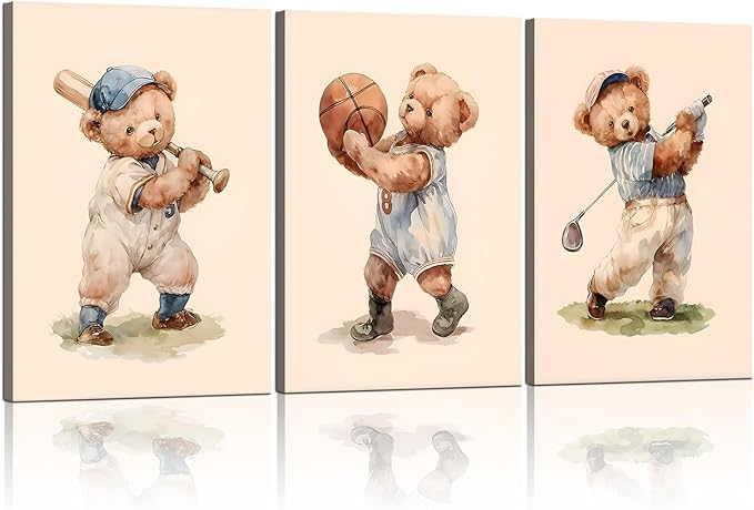 Teddy Bear Sports Nursery Animal Canvas Wall Art Cute Woodland Rugby Wall Decor Pictures Vintage Basketball Baseball Kids Room Poster Prints for Boys Room Bedroom Playroom Decorations12x16in canvas