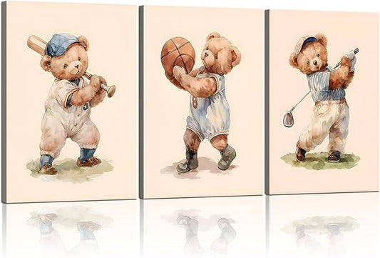 Teddy Bear Sports Nursery Animal Canvas Wall Art Cute Woodland Rugby Wall Decor Pictures Vintage Basketball Baseball Kids Room Poster Prints for Boys Room Bedroom Playroom Decorations12x16in canvas