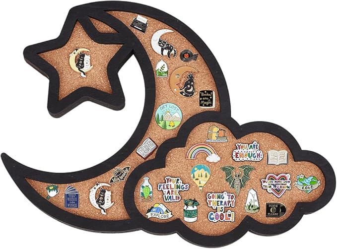 BENECREAT Cloud Moon Pin Board Cork Board, 12.4x10inch Star Bulletin Display Board Wall Mounted Board with Black Frame for Brooch Pin Storage Display, Office Home School Decor