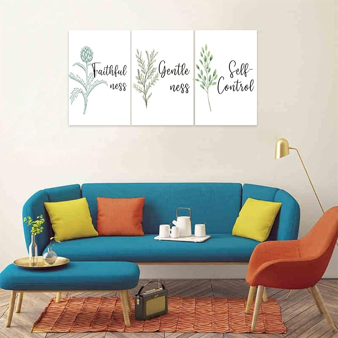 3 Piece Inspirational Wall Art, White Plant Background Picture, Quote "Faithfulness Gentleness Self-control" Canvas Print for Home Decor, Stretched And Framed Artwork for School Wall Decor(48"Wx24" H)
