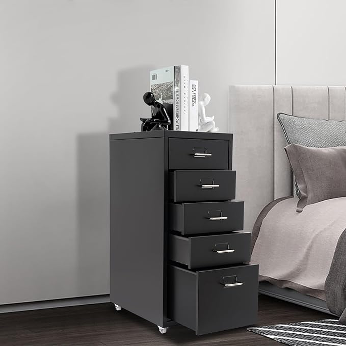 Mobile 5 Drawer Locking Pedestal File Cabinet, Deep Light Duty Metal Letter Filing Cabinet Metal File Storage Cabinet 4 Small Drawers 1 Large Drawer 11.02lbs Each Tier Load Capacity