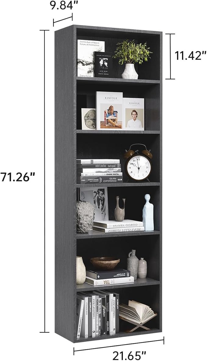 MXV Bookshelf, 6-Tier Open Bookcase, Storage Shelves, Display Storage Shelves, Floor Standing Unit, Home Decor, Furniture for Home Office, Living Room, Bedroom, Black