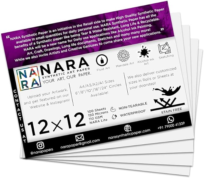 NARA Alcohol Ink Paper | White | 12 inches x 12 inches (12”x12”) | 150 microns/110 GSM | Medium Paper | 100 Sheets | Paper for Alcohol Ink Art Painting | 100% Stain-Free