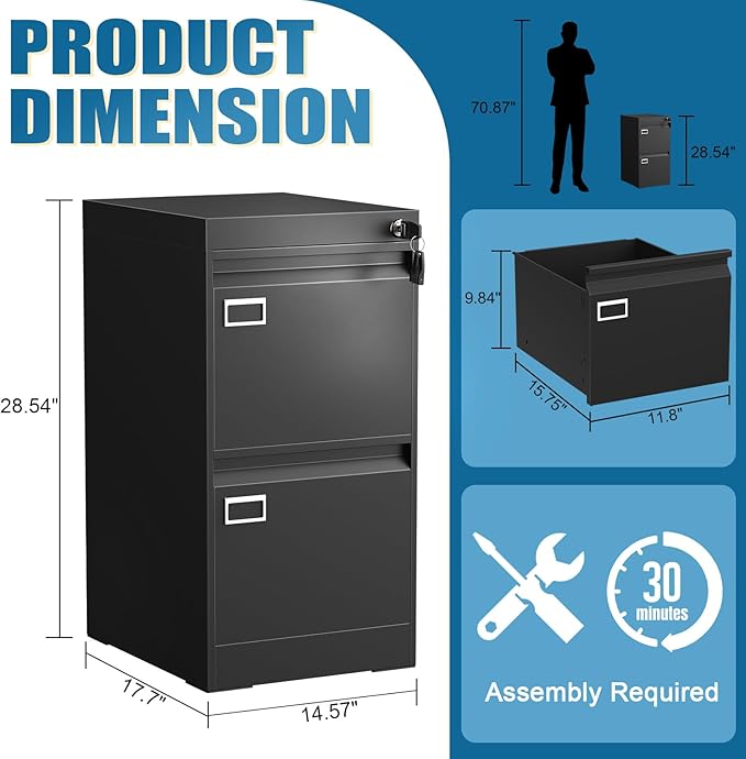 2 Drawer File Cabinet with Lock, Metal Small File Cabinet, Black Filing Cabinets for Home Office, Vertical File Cabinets Locked