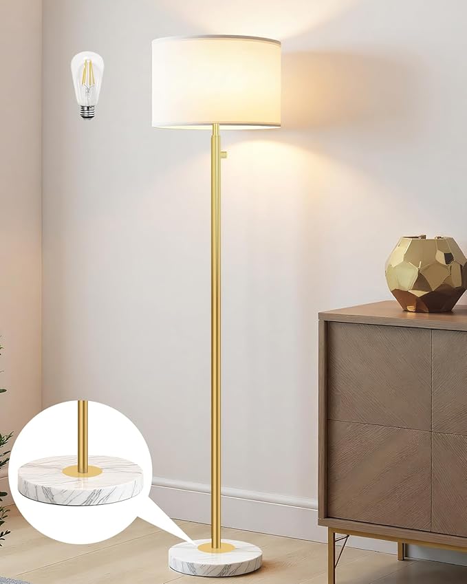 Floor Lamps for Living Room–LED Bulb Included,Dimmable Floor Lamp with Linen Shade,Modern Standing Lamp with Marble Base,Tall Floor Lamp for Bedroom,Nursery,Reading & Office,Gold