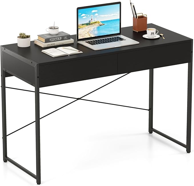 Giantex Computer Desk with 2 Drawers, 44 Inch Home Office Desk with Anti-Toppling Device & Metal Frame, Compact Laptop PC Table, Makeup Vanity Table, Modern Study Writing Desk for Small Spaces (Black)