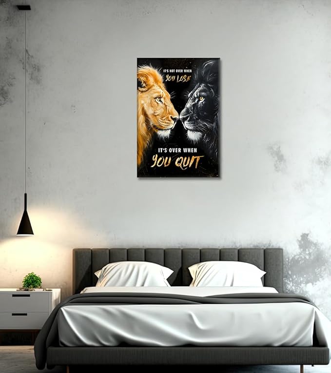Inspirational Black and Gold Lion Wall Art - It's Not Over When You Lose, It's Over When You Quit Quotes Wall Decor Motivational Animal Poster for Office Home Man's Room, Framed 24"x36"
