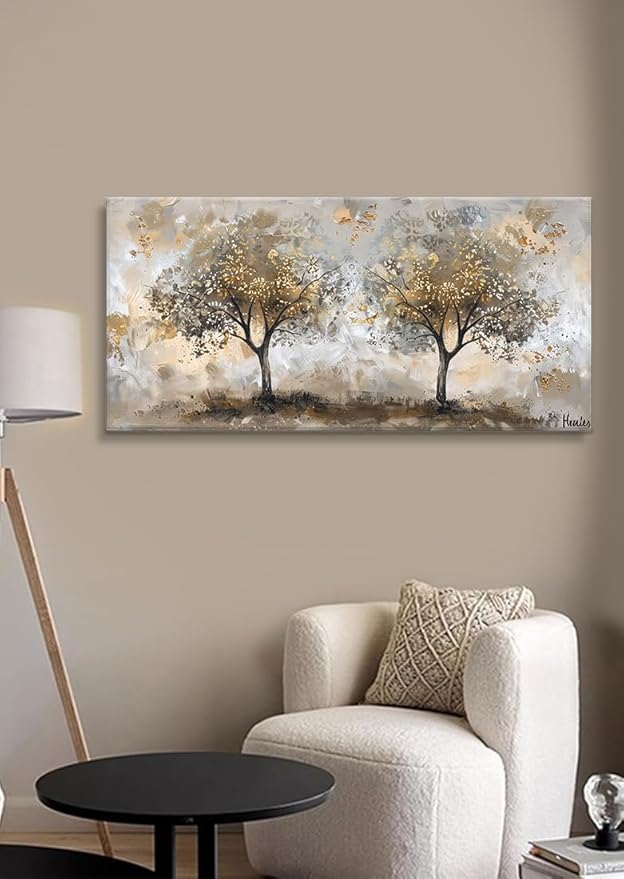 Boswaydeco Landscape Gold Tree Wall Art - Autumn Golden Forest Canvas Painting for Bedroom, Living Room, Office Decor - Gold Brown Picture Print