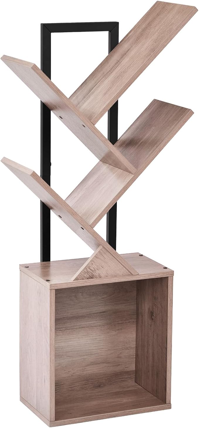Tree Bookshelf Bookcase with Storage Cabinet, 4-Tier Modern Corner Bookshelves, Narrow Wood Book Rack, Mini Floor Standing Book Organizer for Kid Room, Bedroom, Living Room, Home Office, CD/DVD