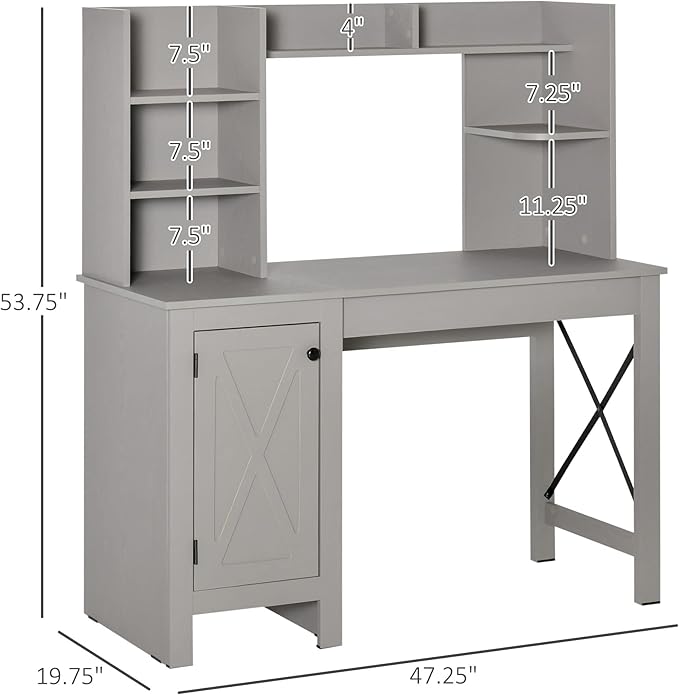 HOMCOM Farmhouse Computer Desk with Hutch and Cabinet, Home Office Desk with Storage, for Study, Light Grey