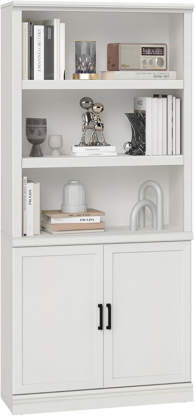 blini 5 Shelf Tall Bookcase with Doors White Bookshelf 31in Wide Display Standing Shelf 72in Tall Wood Book Shelves for Living Room Office Library