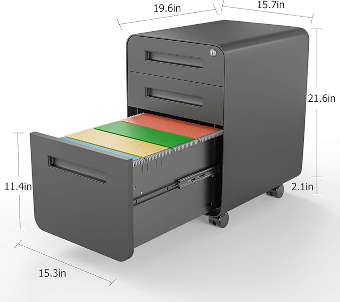 Modern Round Corner 3 Drawer Mobile Steel File Cabinet with Lock, Black, 19.69"L x 15.75"W x 23.62"H, Home Office