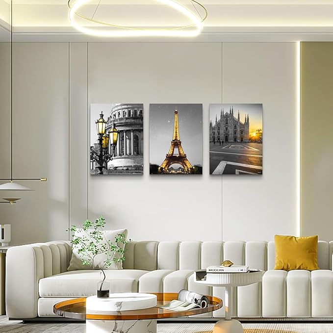 Black and white Architectural landscape Canvas Wall Art for Living Room kitchen Wall Artworks Bedroom Decoration, 3 Piece framed bathroom Home Wall decor posters Yellow Eiffel Tower wall painting