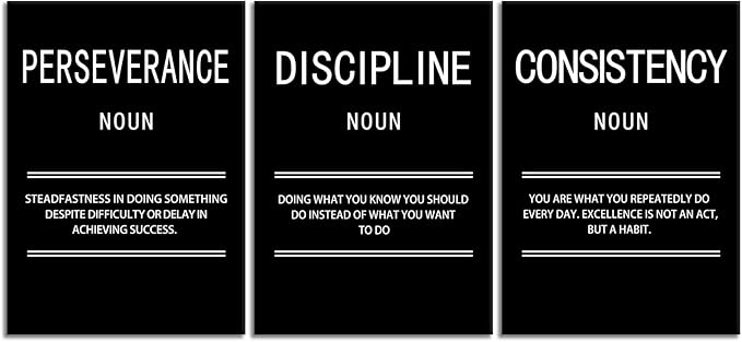 3 Panel Inspirational Canvas Perseverance Discipline Consistency Print Wall Art Motivational Poster Painting Modern Inspiring Artwork for Home Living Room Office Decor Ready to Hang [60''Wx 28''H]