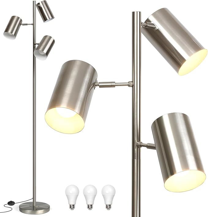 Tree Floor Lamp with 3 Light Bulbs,Nickel Standing Tall Pole Lamp with 3 Adjustable Rotating Lights,Farmhouse Floor Lamp for Living Room Bedroom Office,Vintage Standing Lamp 9W E26 LED Bulbs Included.