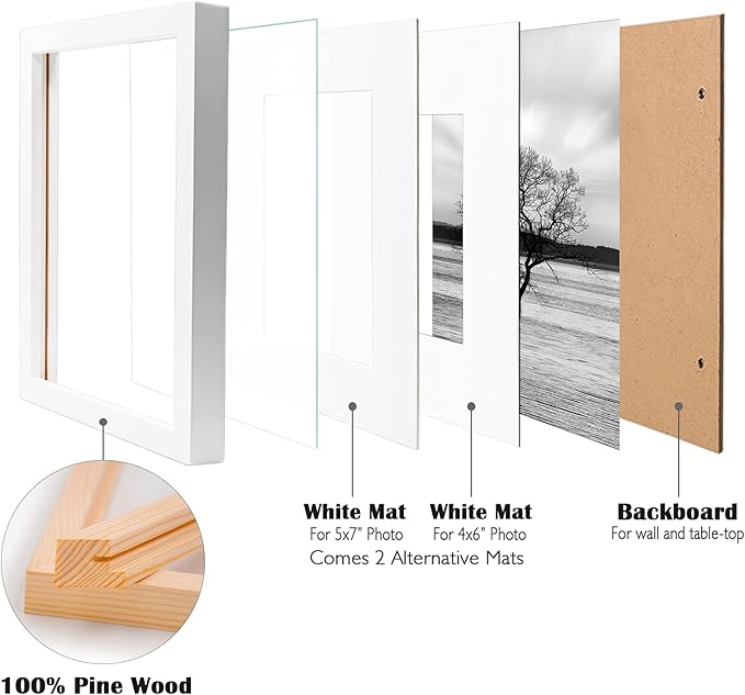 Egofine 8x10 Picture Frames Set of 6, Made of Solid Wood Covered by Plexiglass Display 4x6 and 5x7 with Mat or 8x10' without Mat, for Table Top Display and Wall Mounting Photo Frame White