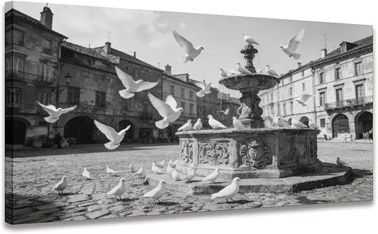 Vintage City Square Framed Canvas Wall Art for Dining Room, Black White Decor 58" L x 28" W