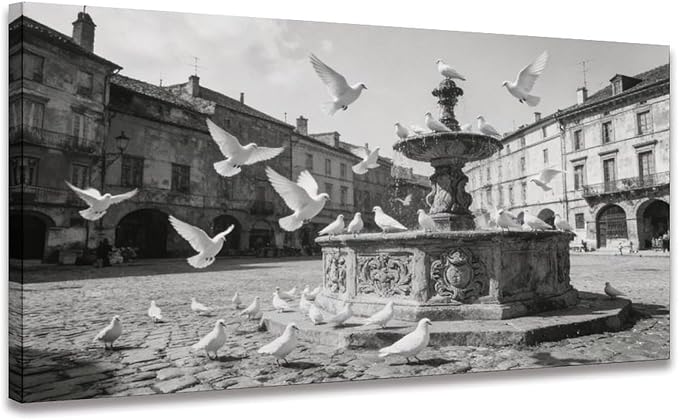 Vintage City Square Framed Canvas Wall Art for Dining Room, Black White Decor 24" L x 12" W