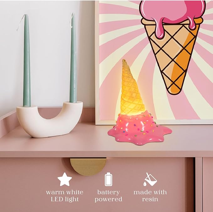 Spilled Ice Cream Desk Light, Cute Resin College Lamp for Dorm Room or Kids Bedroom, Warm White LED Light, Battery Operated Decor for Girls & Home Office