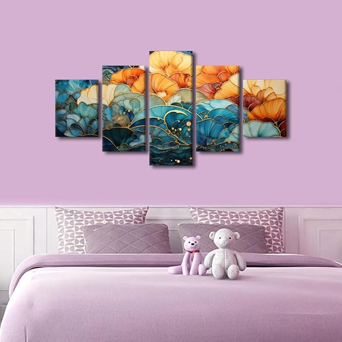 Canvas Wall Art for Lady Modern Abstract Canvas Wall Art Printing Blue and Orange Colors Flowers Poster Prints 5 Panel Abstract Art for Room Wall Decor Stretched and Framed Ready to Hang 60x32 in