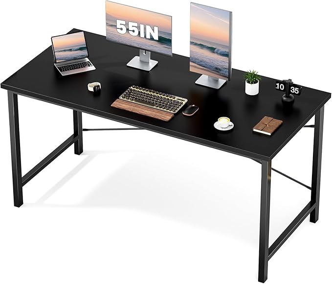 Sweetcrispy Computer Office Desk 55 Inch Student Study Writing Work with Metal Frame Wood Tabletop Modern Simple PC Home Bedroom Table - Black