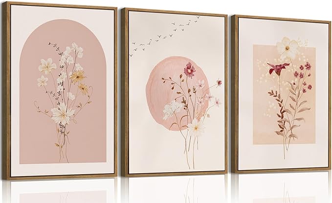 KISSFOX 3 Piece Framed Wall Art Botanical Wall Decor Pink Flower Pictures Wildflowers Canvas Art Watercolor Floral Paintings Minimalist Boho Artwork for Living Room Bedroom Office