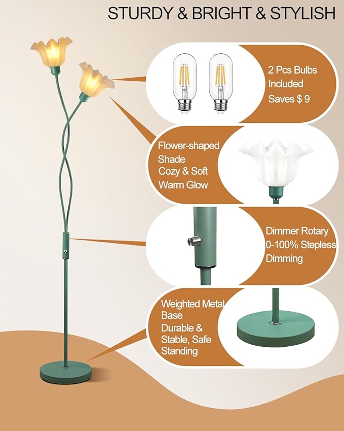 Lightdot Flower Floor Lamp for Living Room, Modern Dimmable Floor Lamp with DIY Goosenecks & Bulbs Included, Spring Green 2 Light Standing Tall Lamp for Bedroom/Kids Room/Sofa Beside/Corner Decor