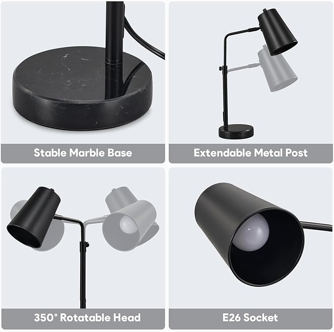 VONLUCE 20" Desk Lamp with LED Bulb, Metal Table Lamp Marble Base, Mid Century Modern Reading Lamp Office, Industrial Task Lamp Work Lamp for Reading Bedroom, Black