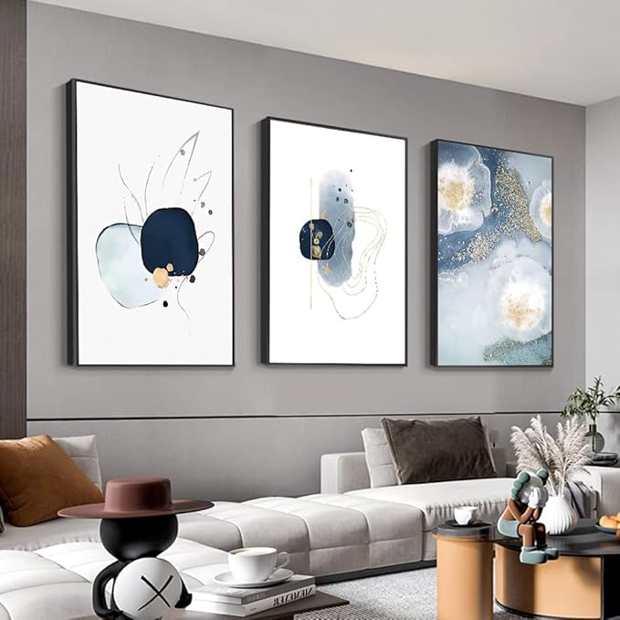 3 Framed Abstract Canvas Wall Art, Artwork in Blue, White and Grey, Simple and Elegant for Living Room Bedroom Office Decor