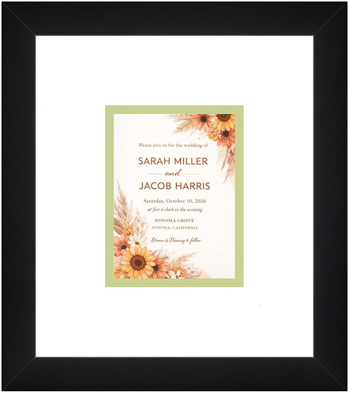 Poster Palooza Wedding Invitation Display Frame 10x11.25 in Black With White and Spring Green Double Mat for 4.25x5.5 A2 Keepsake - 2026 Edition | USA Made